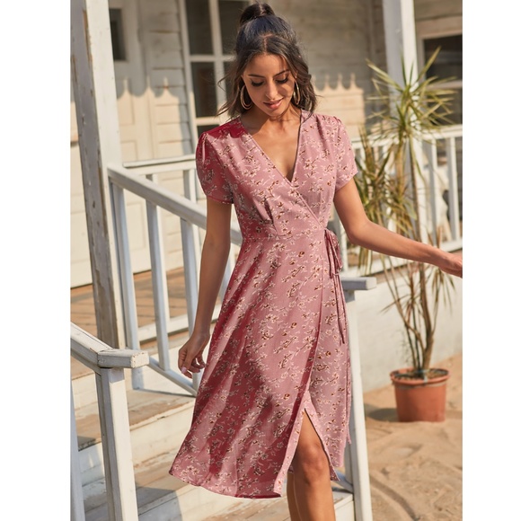 Dusty Pink Floral Wrap Midi Dress - Picture 3 of 8